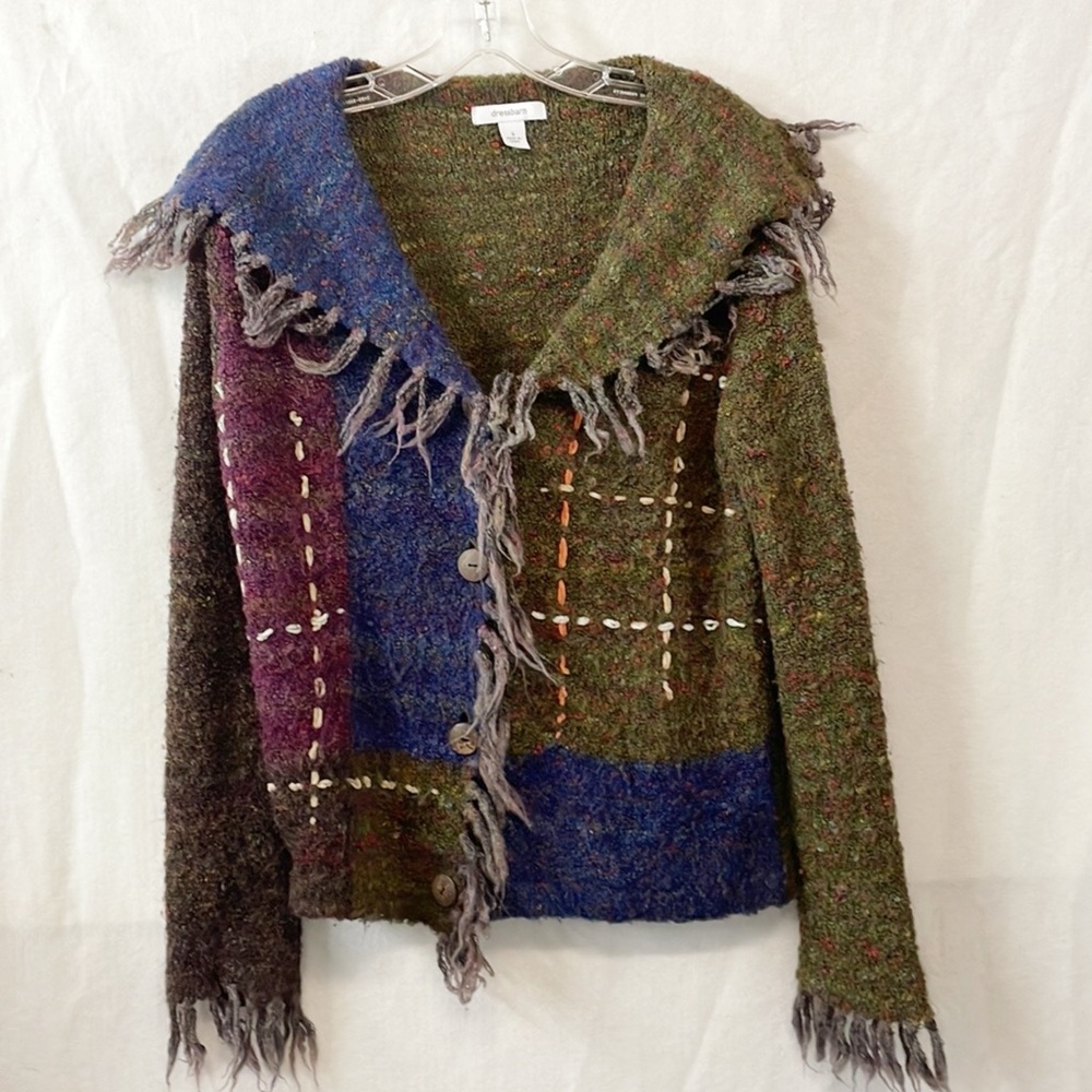 Womens Oversized Sz‎ Sm Fringe Bouclé Knit Cardigan Dressbarn Cottagecore Casual